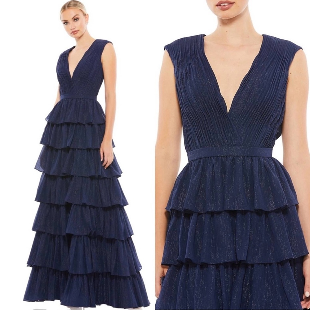 NWT IEENA For MAC DUGGAL Tulle Ruffle Tiered Sparkly Gown in Midnight Blue Sz 14